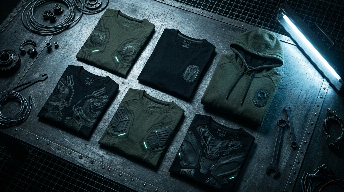 Alien vs Predator themed dark green and black sci-fi creature apparel flat lay