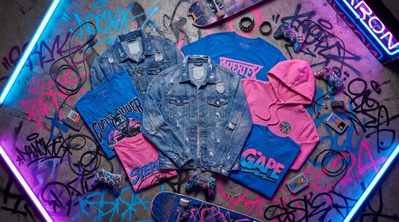 Jinx Arcane League of Legends themed blue and pink chaotic apparel flat lay