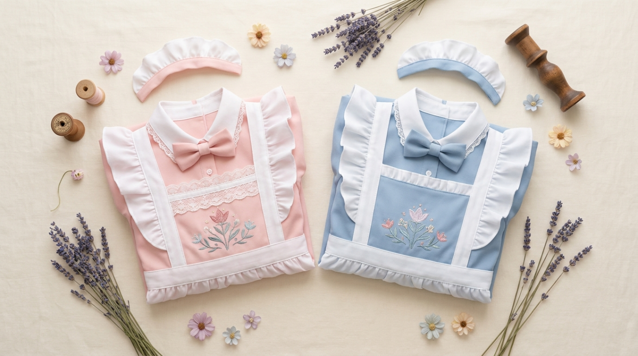 Re:Zero Ram and Rem themed blue and pink twin maid apparel flat lay