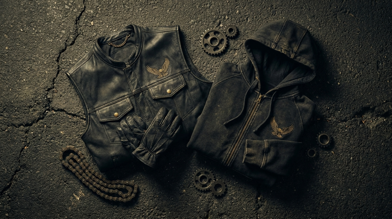 Tokyo Revengers Mikey themed black and gold biker leader apparel flat lay