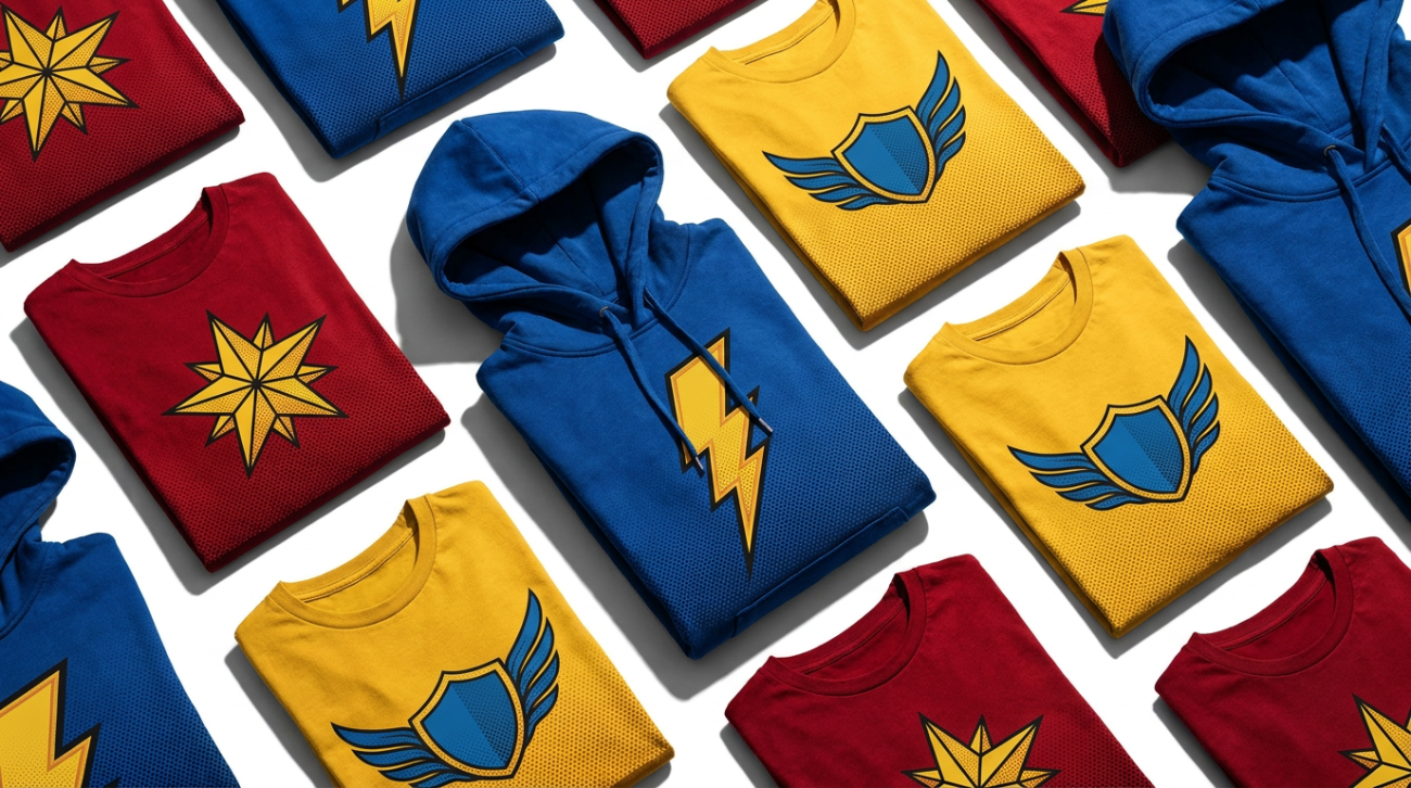 Superman themed red blue and yellow hero apparel flat lay