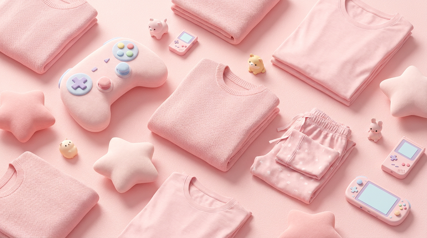 Kirby themed soft pink cute puffball apparel flat lay