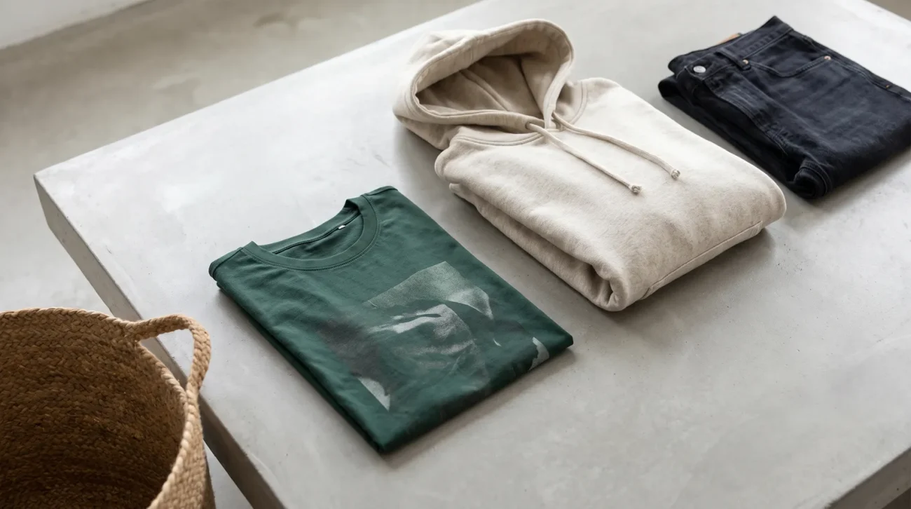 Dandadan merch: a curated flat lay of a folded graphic tee, a hoodie and folded denim