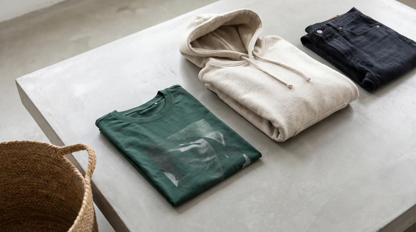 Dandadan merch: a curated flat lay of a folded graphic tee, a hoodie and folded denim