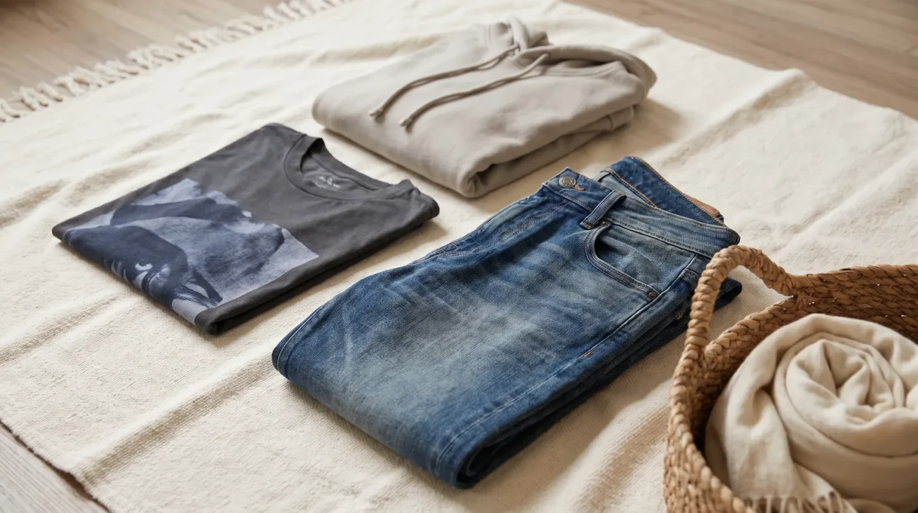 Denji merch: a curated flat lay of a folded graphic tee, a hoodie and folded denim