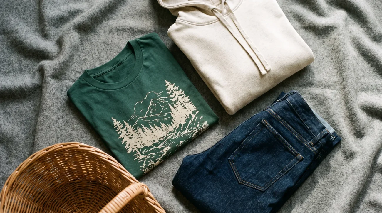 Frieren merch: a curated flat lay of a folded graphic tee, a hoodie and folded denim