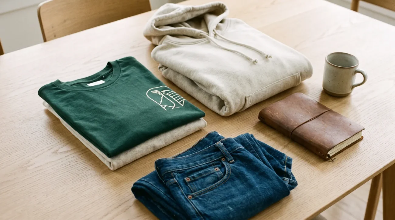 Gojo merch: a curated flat lay of a folded graphic tee, a hoodie and folded denim