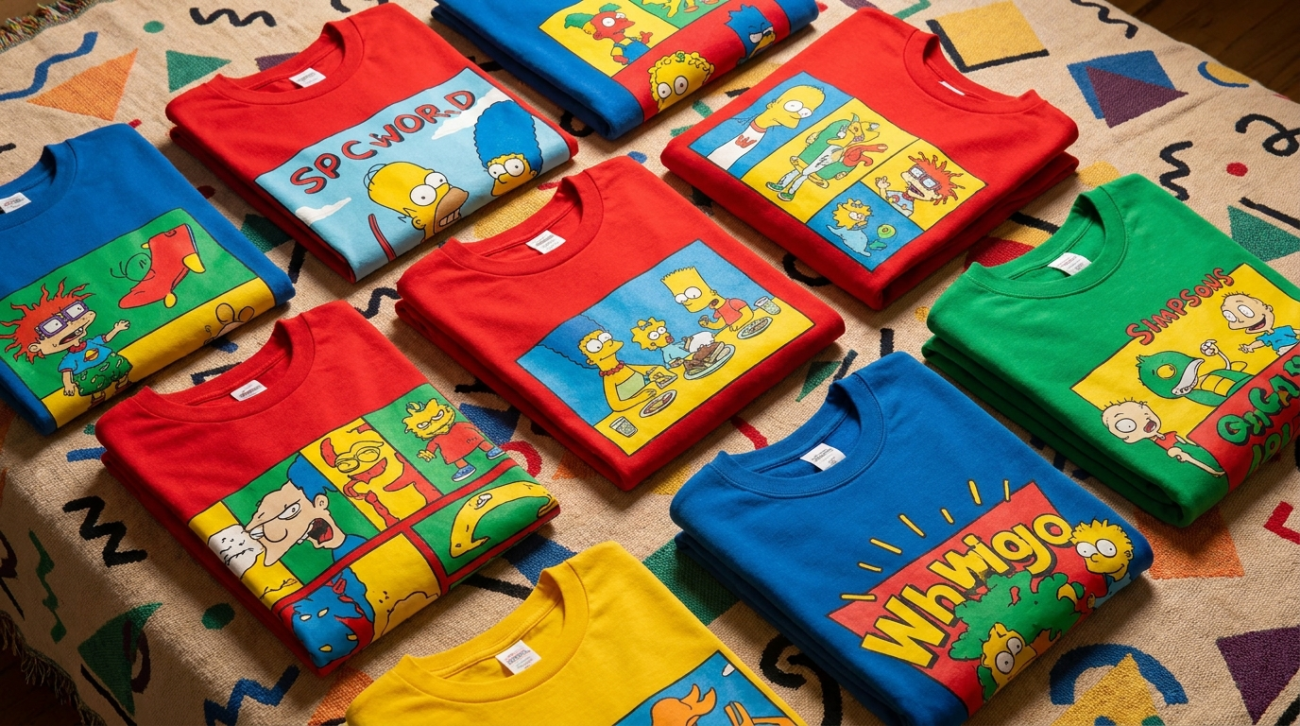 Cartoon Network 90s themed bright primary-color apparel flat lay
