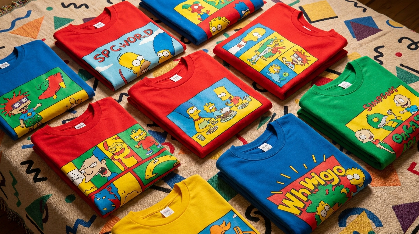 Cartoon Network 90s themed bright primary-color apparel flat lay