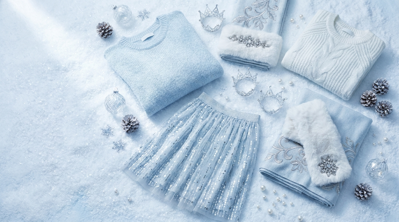 Frozen Elsa and Anna themed icy blue and white winter apparel flat lay