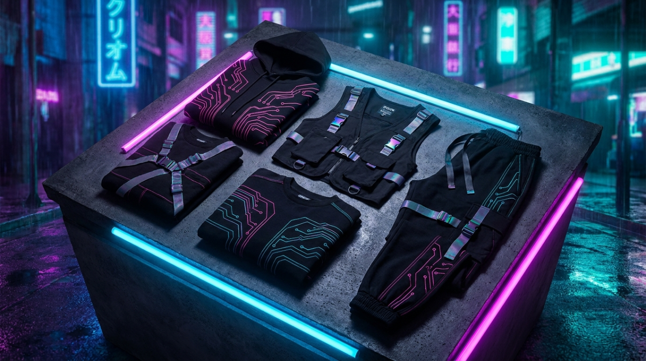 Cyberpunk Edgerunners themed neon pink cyan and black futuristic apparel flat lay