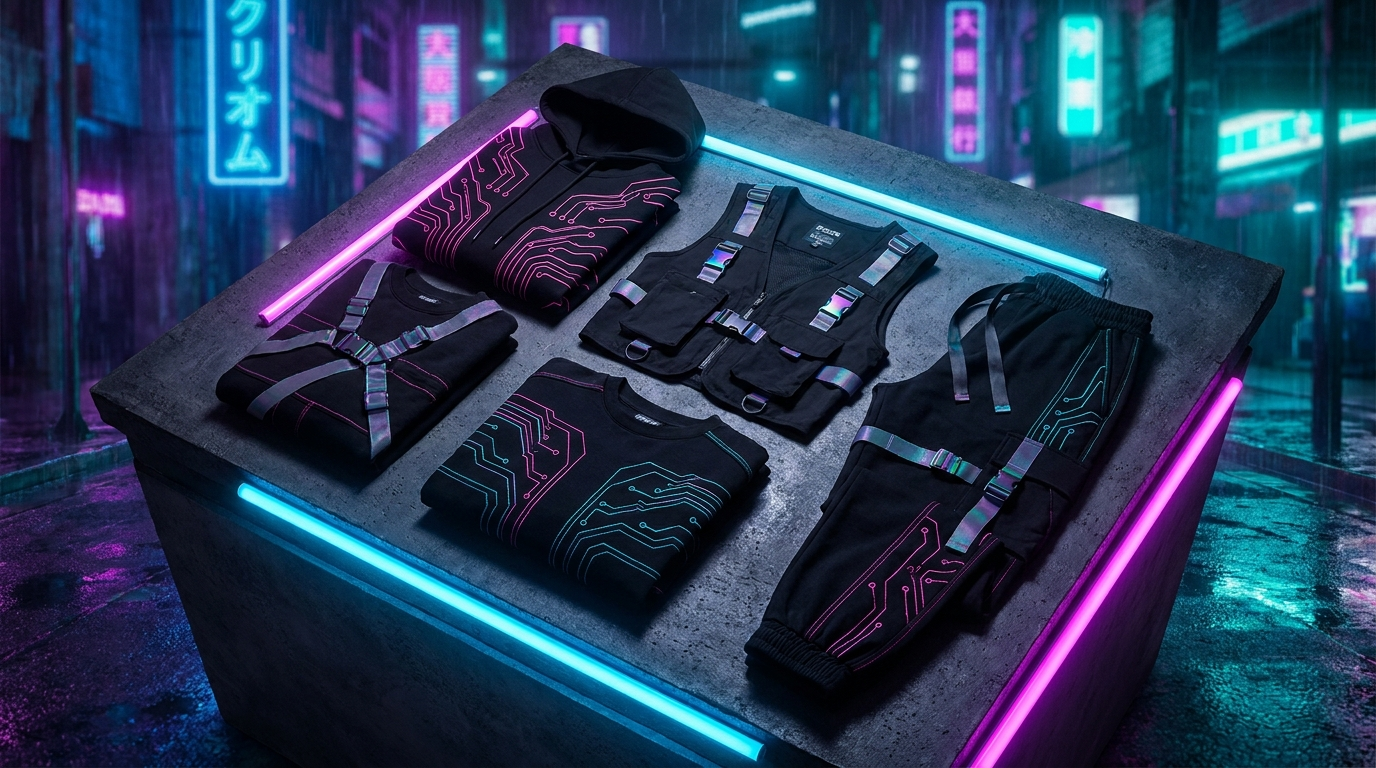 Cyberpunk Edgerunners themed neon pink cyan and black futuristic apparel flat lay