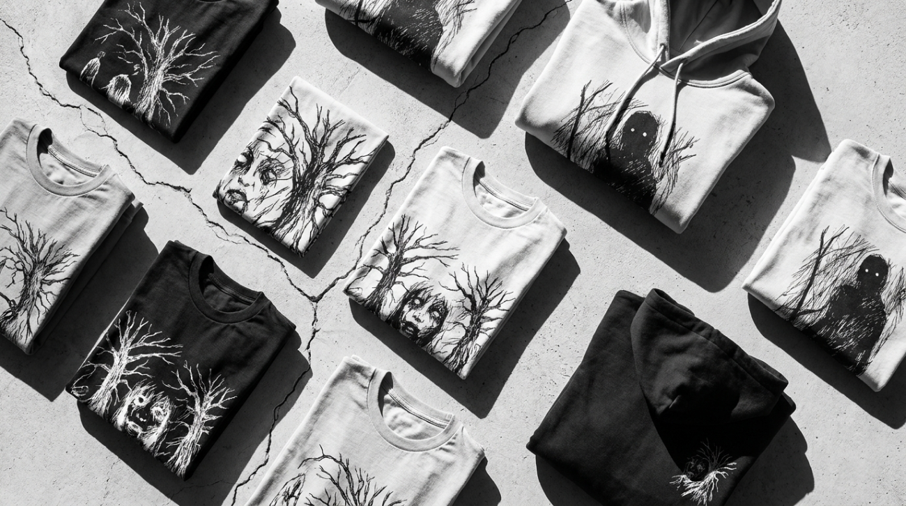Junji Ito horror manga themed black and white eerie apparel flat lay