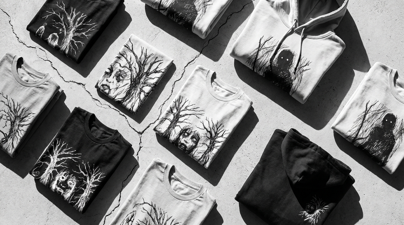 Junji Ito horror manga themed black and white eerie apparel flat lay