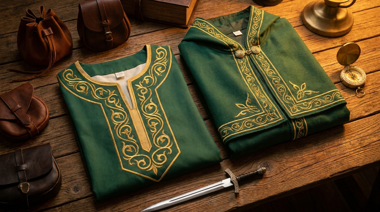 Nanatsu no Taizai Seven Deadly Sins themed green and gold fantasy apparel flat lay