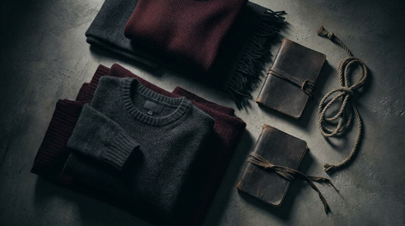 Monster anime themed dark muted psychological thriller apparel flat lay