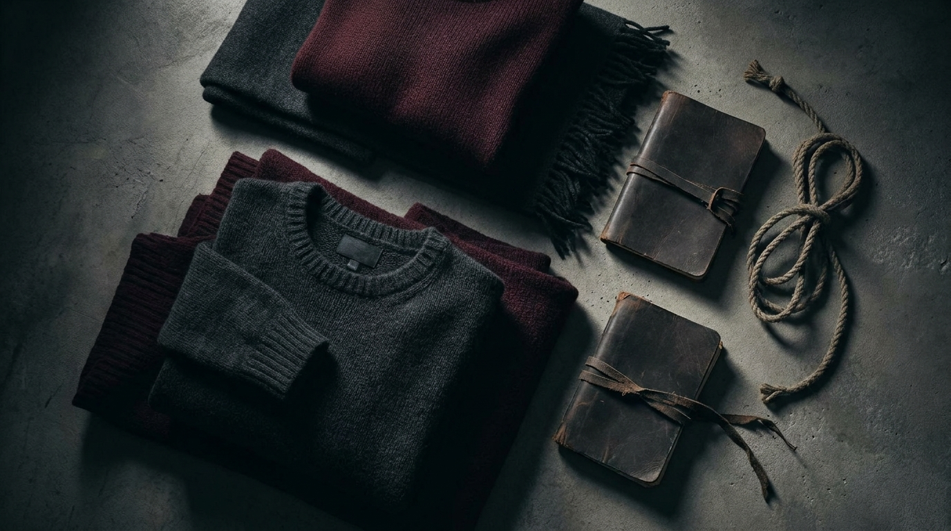 Monster anime themed dark muted psychological thriller apparel flat lay