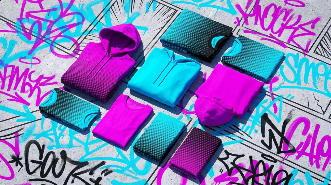 Spider-Verse themed multicolor halftone comic apparel flat lay