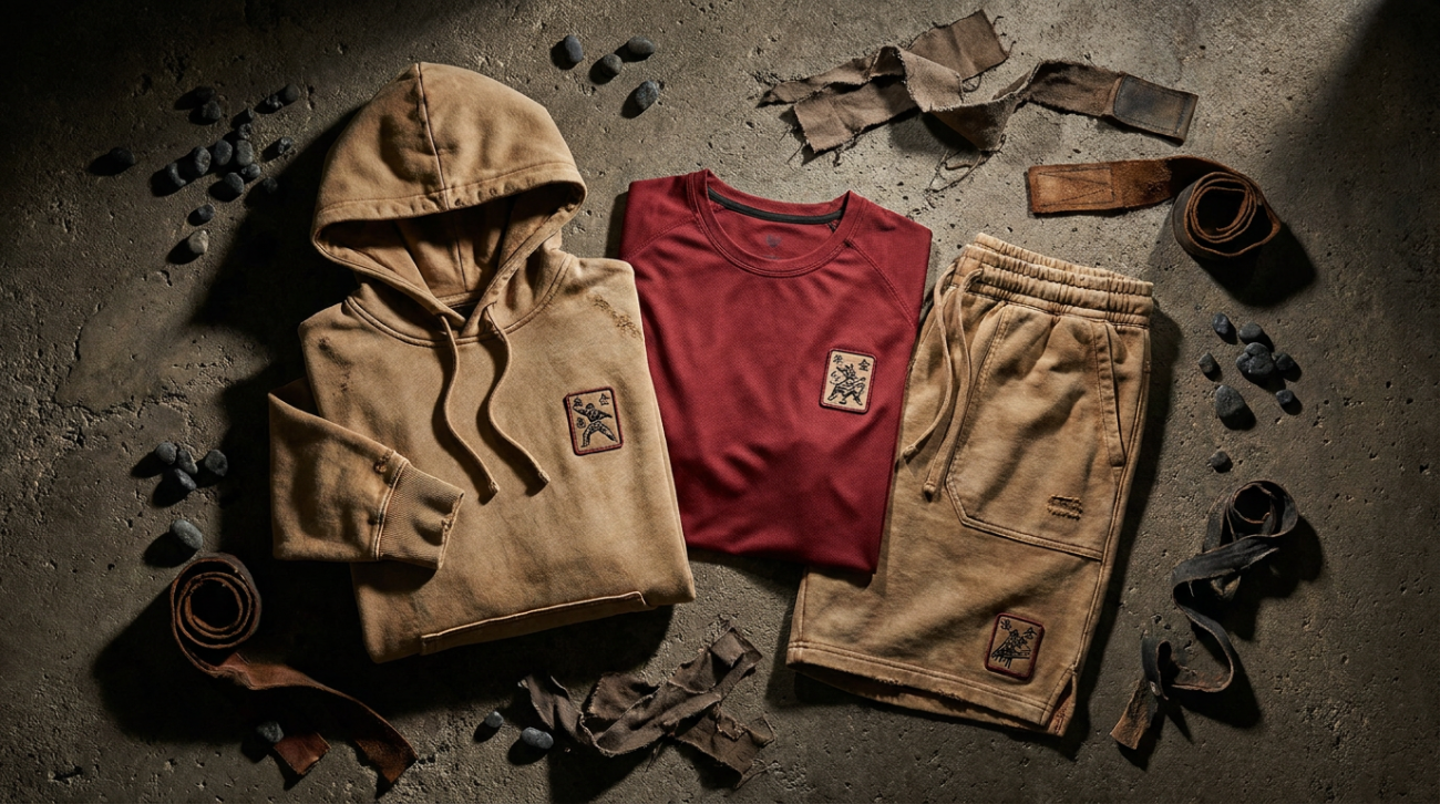 Baki Hanma themed tan and red muscular fighter apparel flat lay