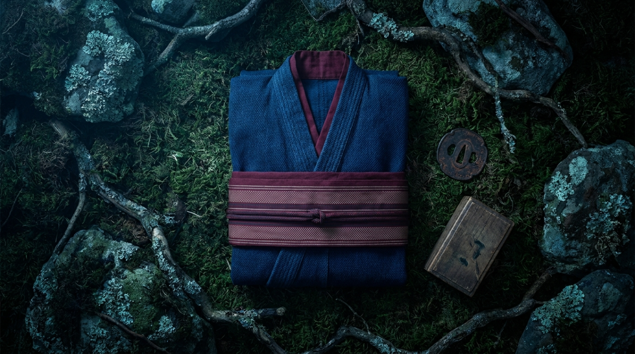 Hell's Paradise Jigokuraku themed dark indigo and red samurai apparel flat lay