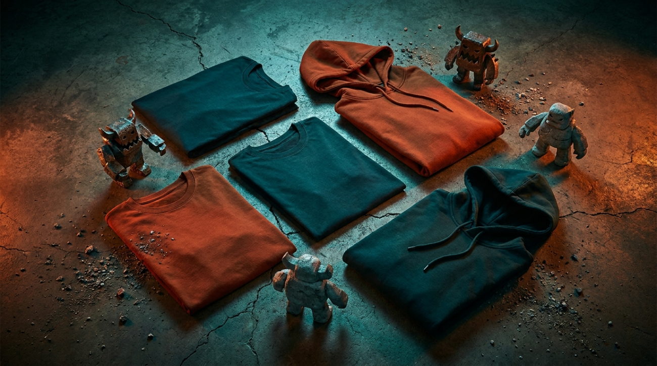 Godzilla vs Kong themed teal and orange titan clash apparel flat lay