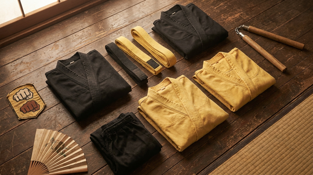 Karate Kid Cobra Kai themed black and yellow dojo apparel flat lay