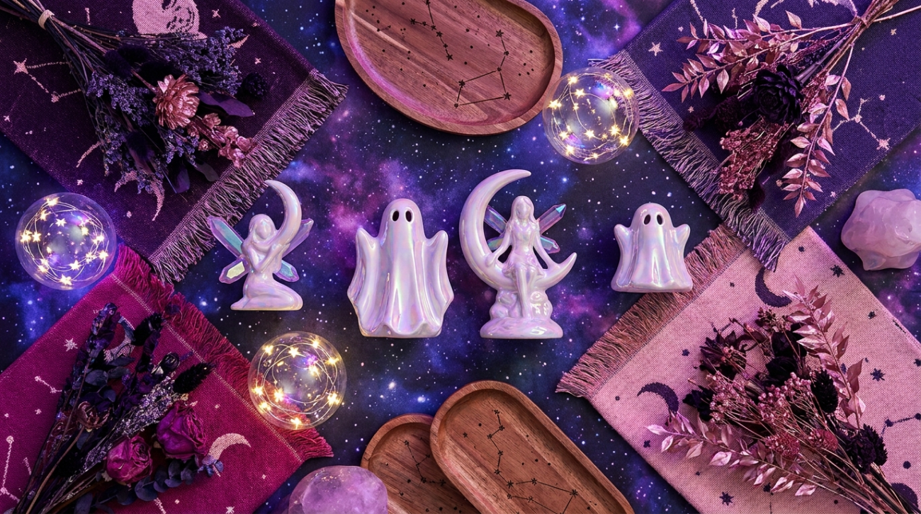 Pokemon Gengar and Clefable themed purple and pink galaxy home decor flat lay