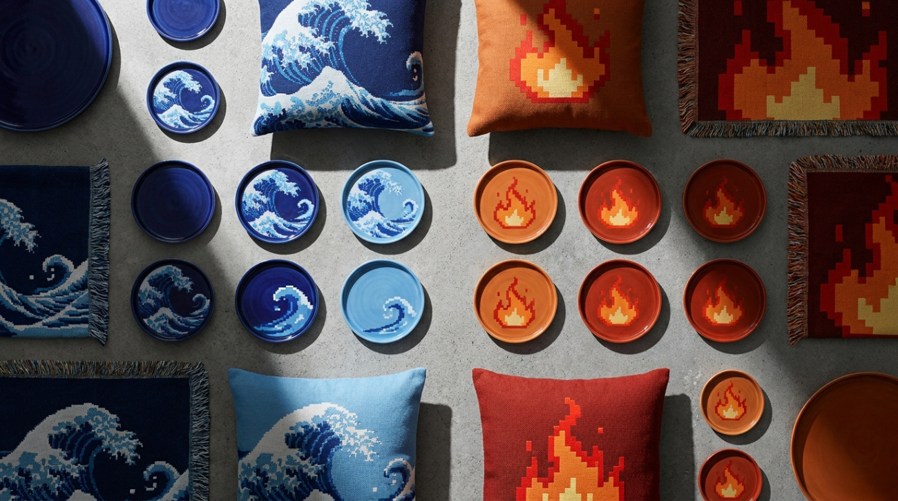 Pokemon Blastoise and Charizard themed blue and orange great wave home decor flat lay