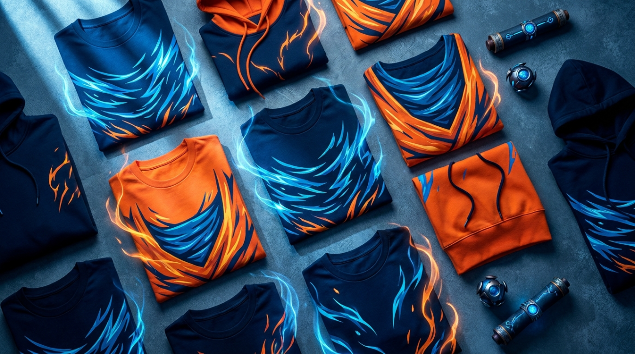 Dragon Ball Goku Vegeta Vegito themed blue and orange fusion apparel flat lay