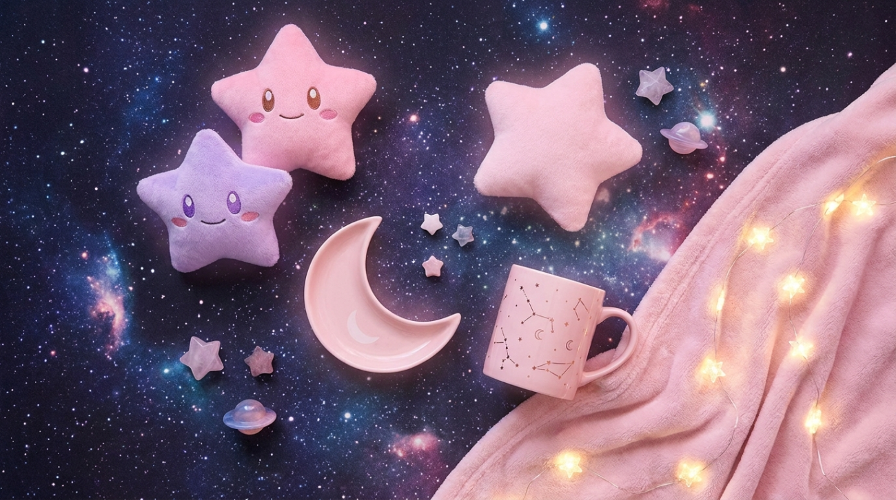 Pokemon Skitty and Jigglypuff themed soft pink galaxy home decor flat lay