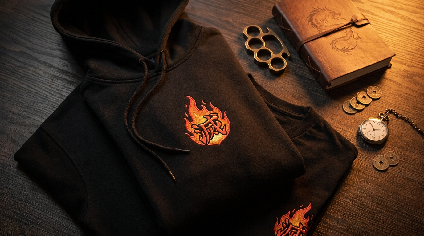 Katekyo Hitman Reborn themed orange flame and black mafia apparel flat lay