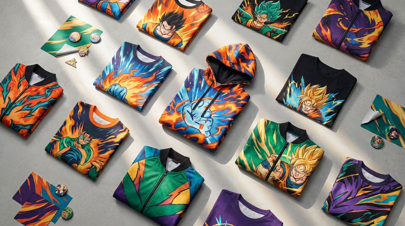 Anime crossover themed bold multicolor shonen all-stars apparel flat lay