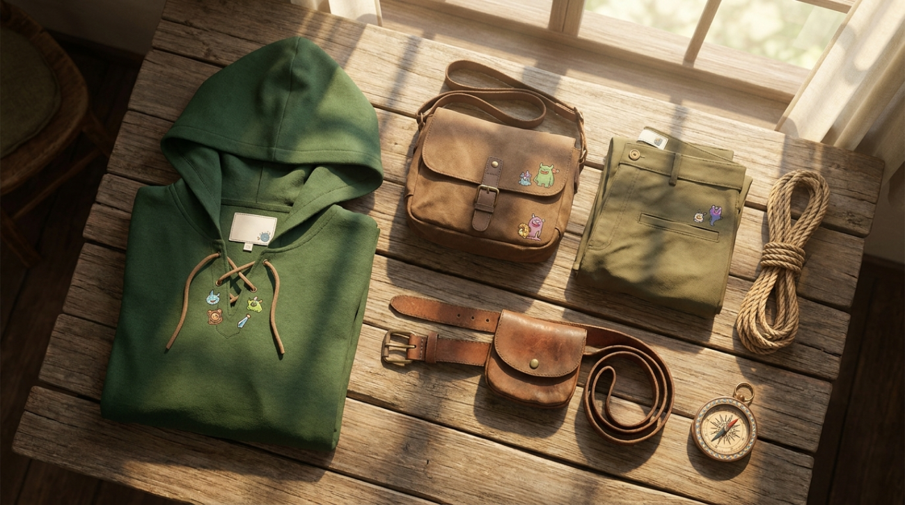 KonoSuba Kazuma themed green adventurer tracksuit apparel flat lay