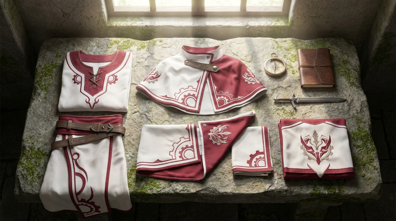 DanMachi Bell Cranel themed white and red dungeon adventurer apparel flat lay