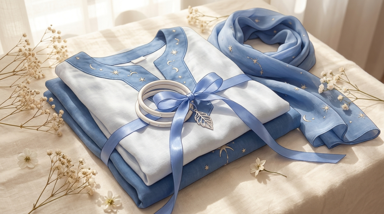 DanMachi Hestia themed blue and white goddess apparel flat lay