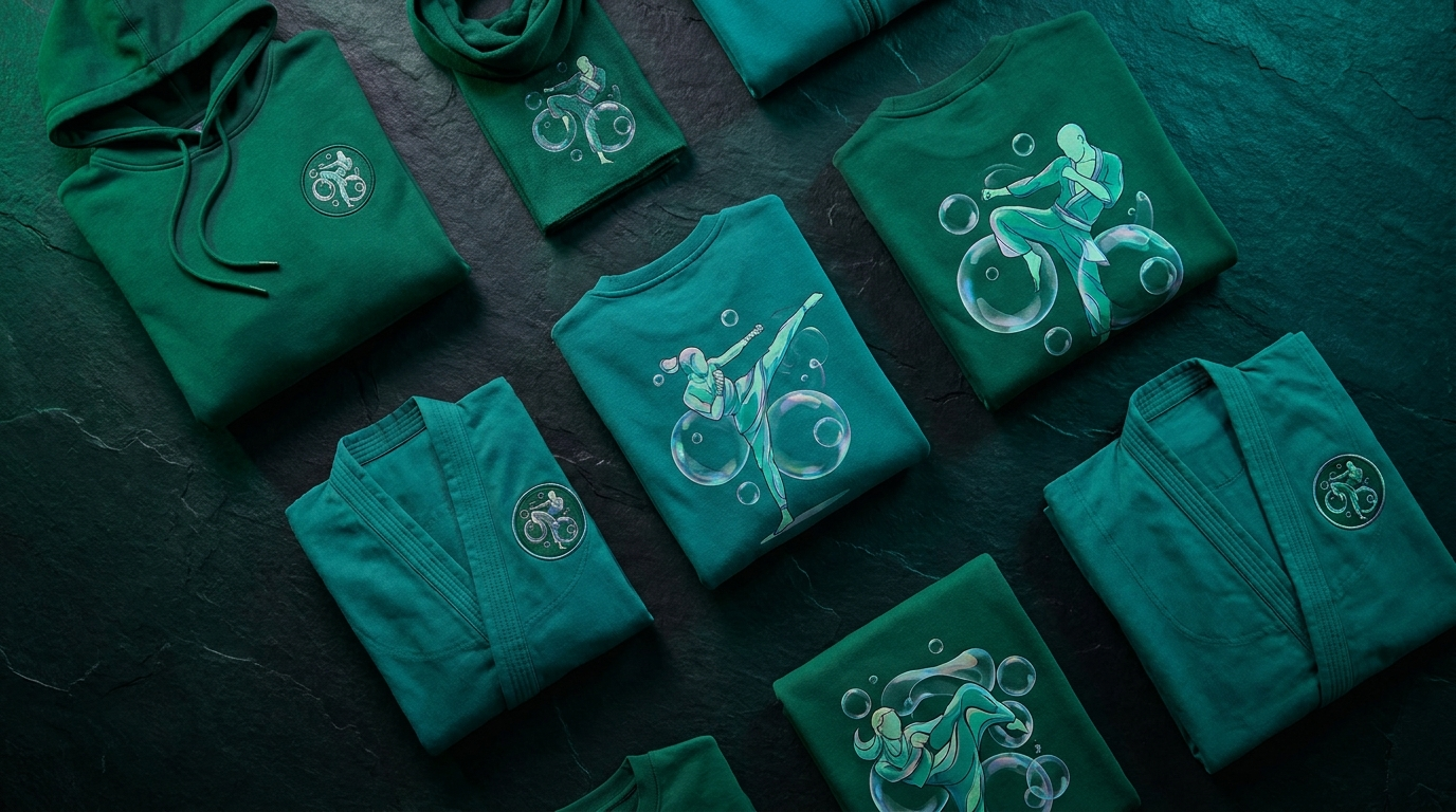 JoJo Caesar Zeppeli themed green and teal apparel flat lay