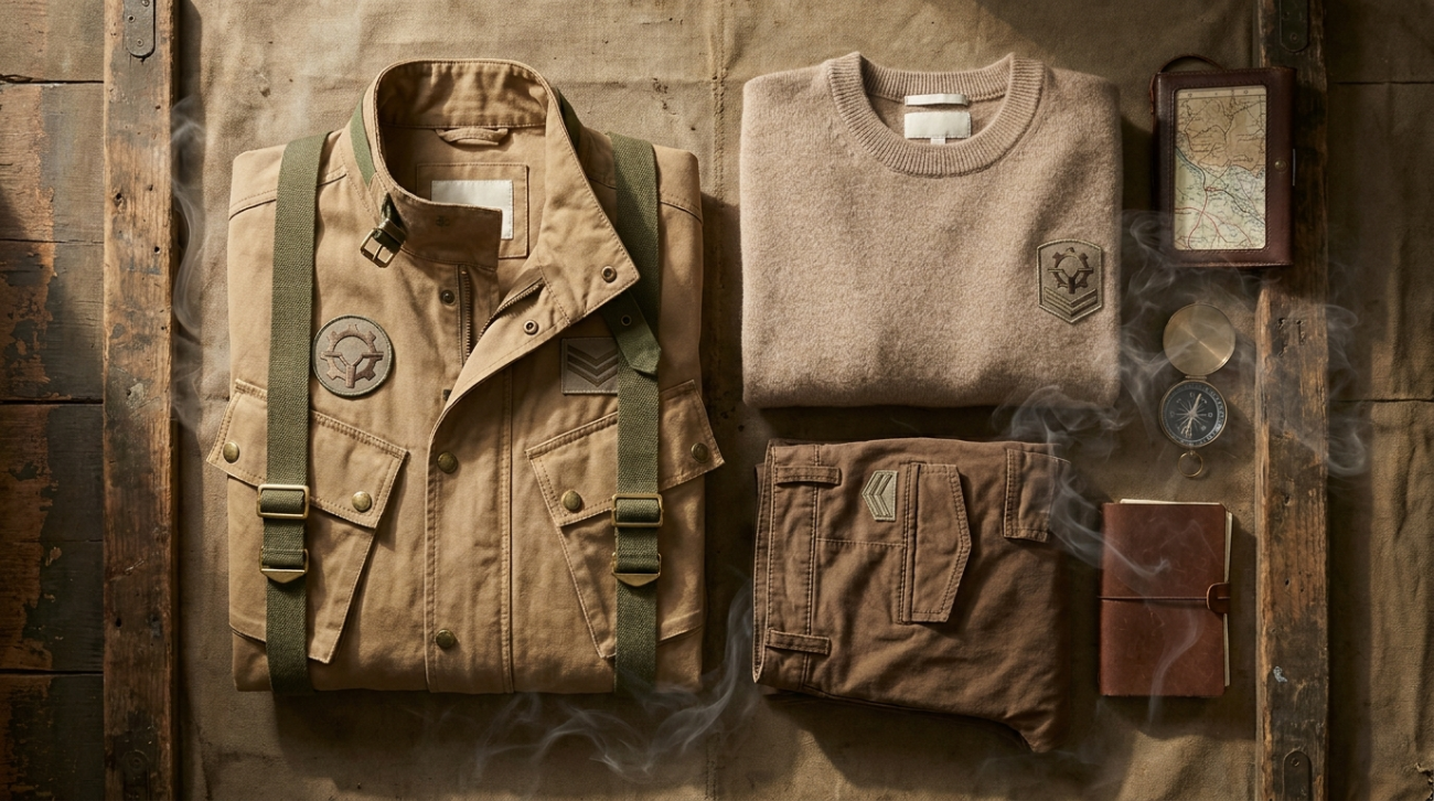 Attack on Titan Bertholdt themed tan survey corps apparel flat lay