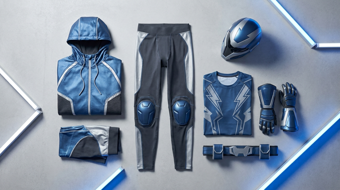 My Hero Academia Tenya Iida themed blue and silver hero apparel flat lay