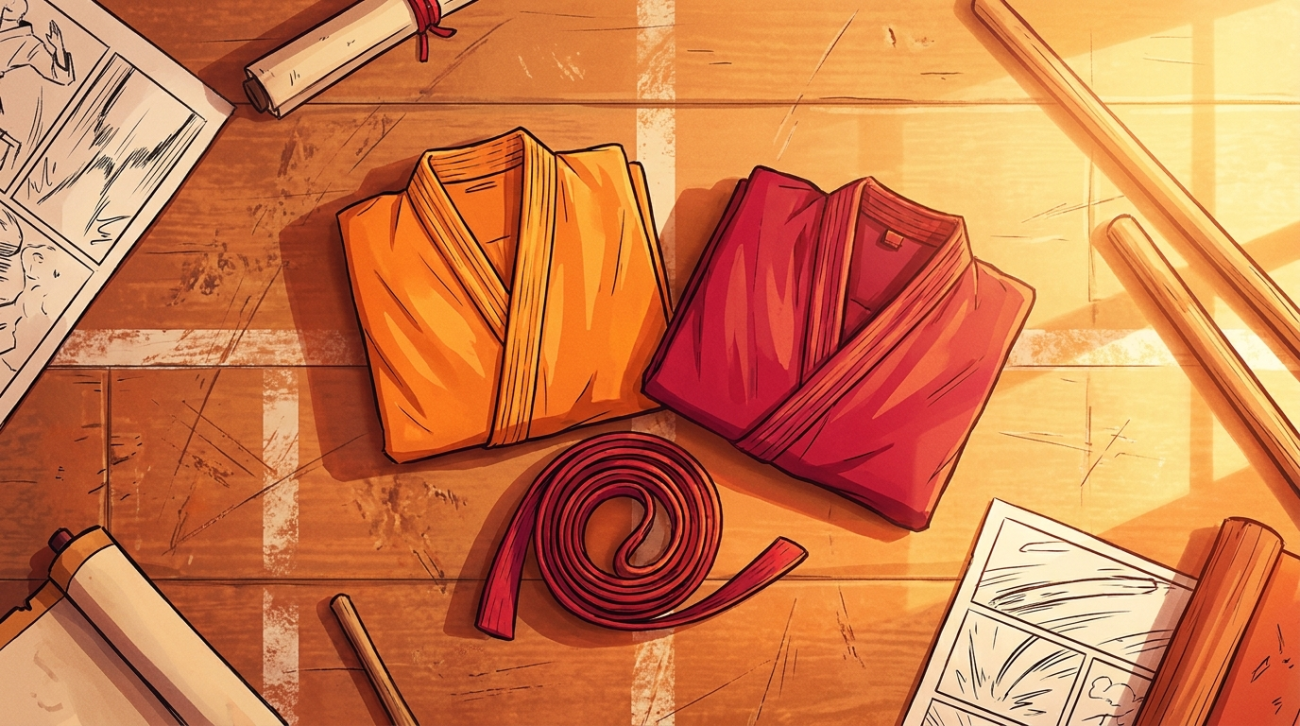 Dragon Ball GT Pan themed orange and red martial arts apparel flat lay