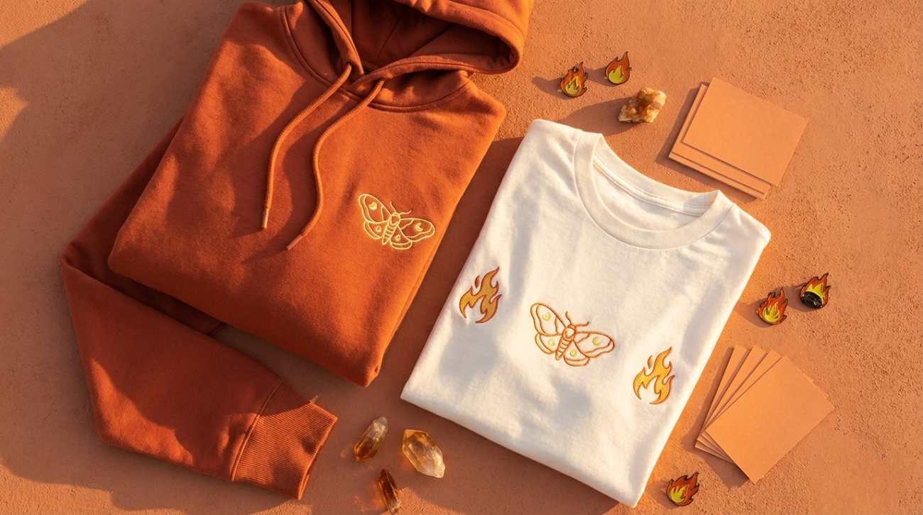 Pokemon Volcarona themed fiery orange and white moth apparel flat lay