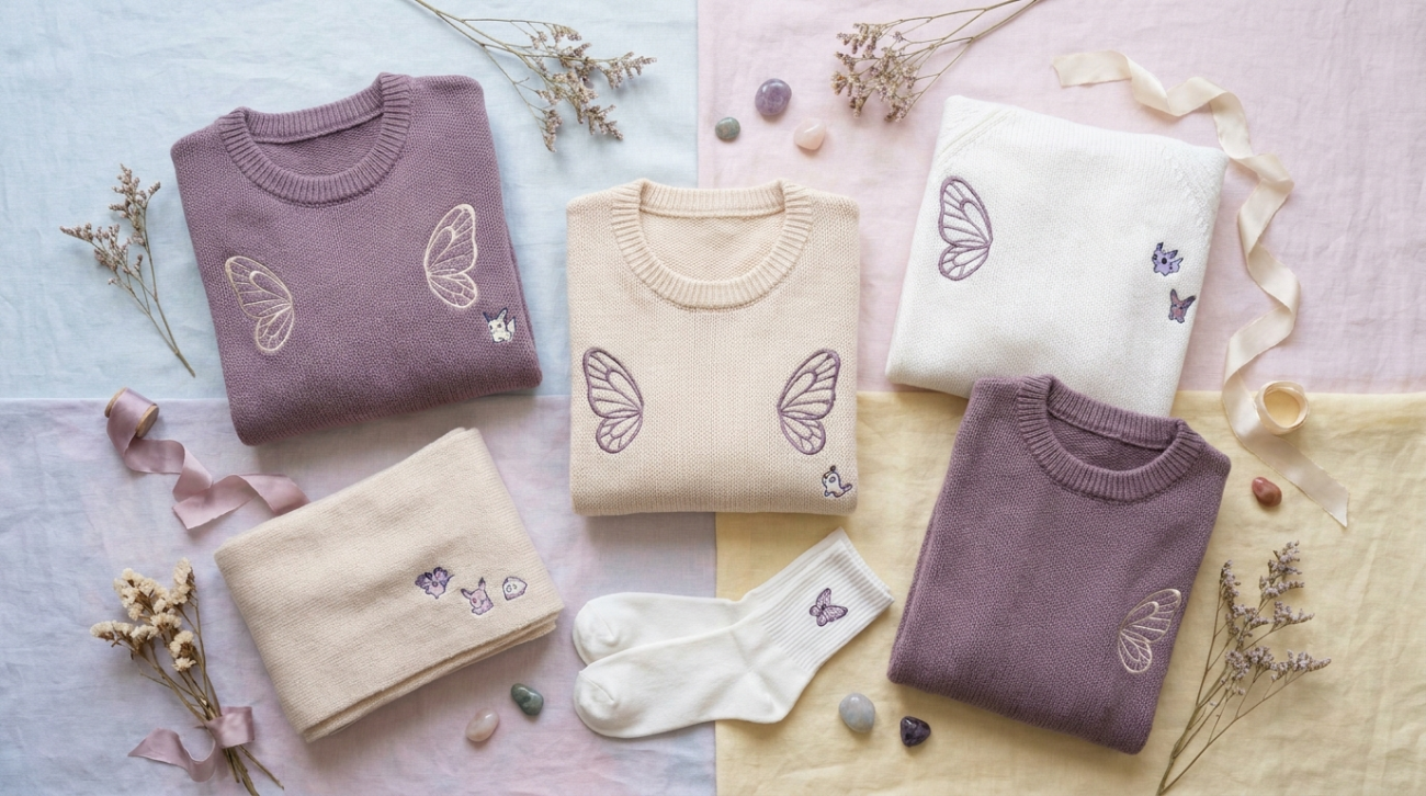 Pokemon Butterfree themed purple and white butterfly apparel flat lay