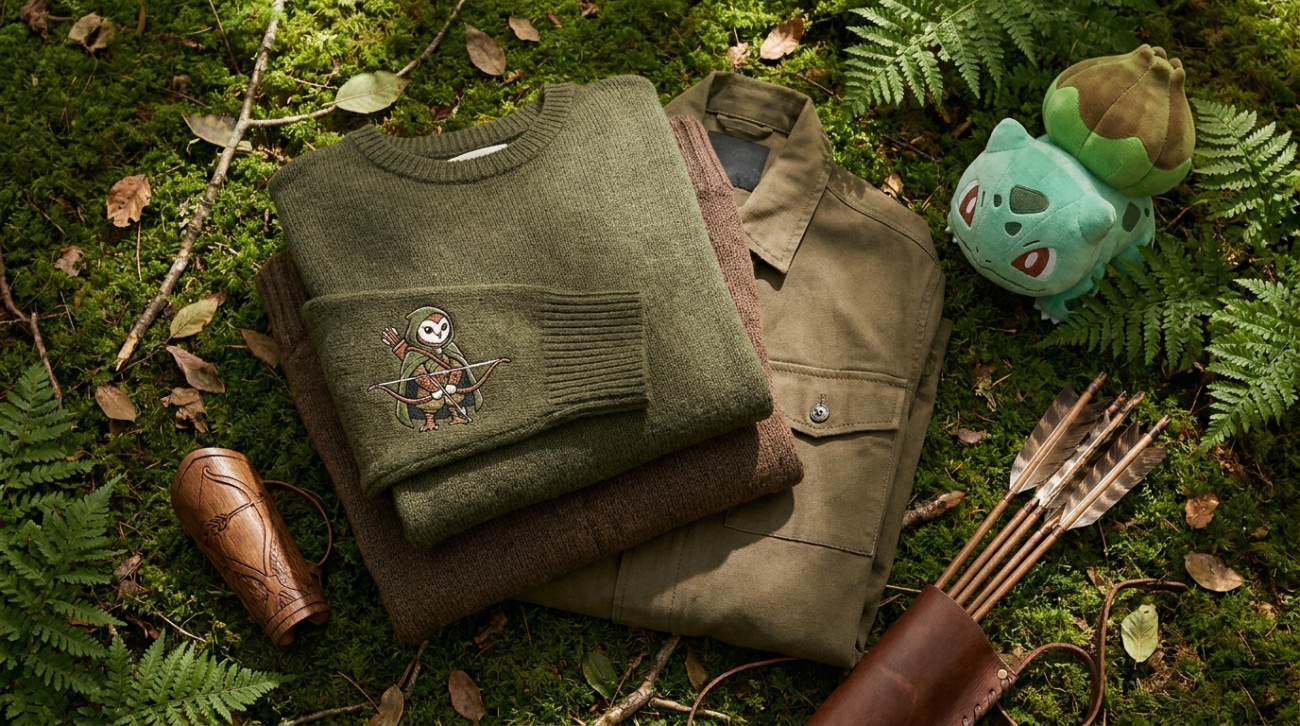 Pokemon Decidueye themed green and brown archer owl apparel flat lay