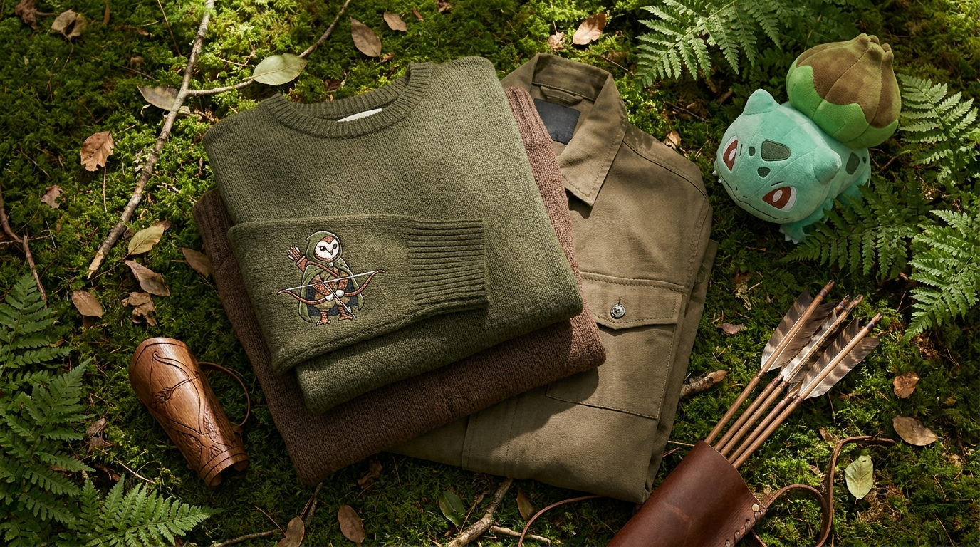 Pokemon Decidueye themed green and brown archer owl apparel flat lay