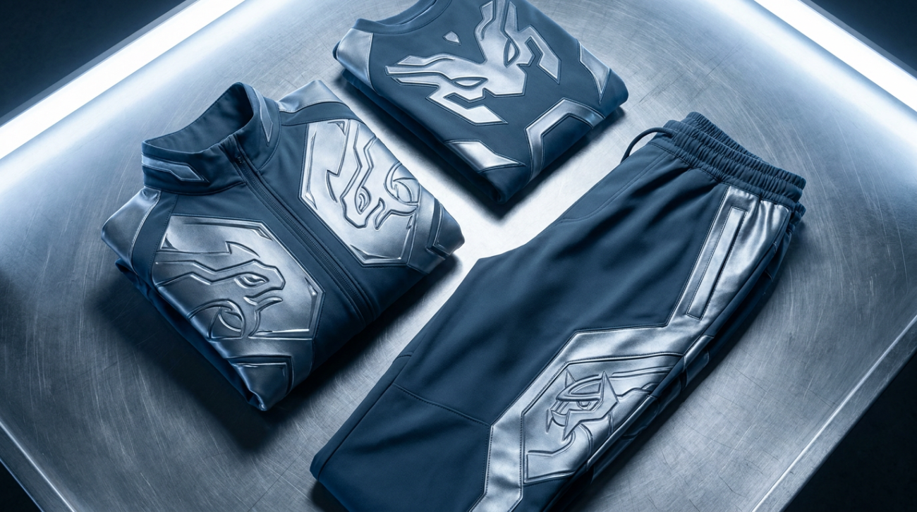 Pokemon Metagross themed steel blue metallic apparel flat lay
