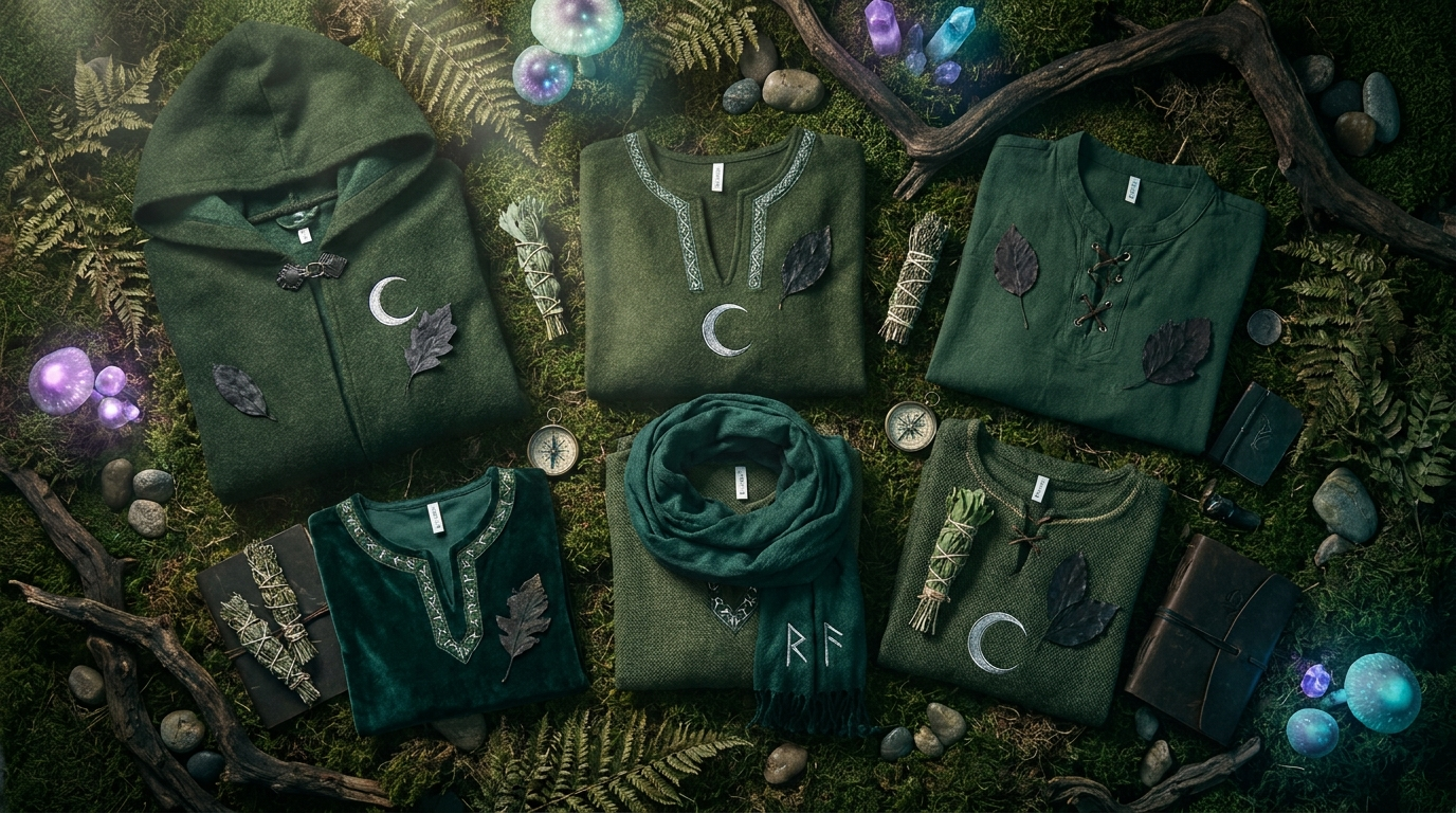 Berserk Schierke themed green witch robe apparel flat lay