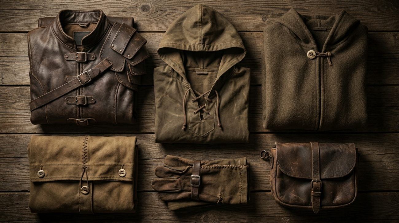 Berserk Judeau themed brown leather mercenary apparel flat lay
