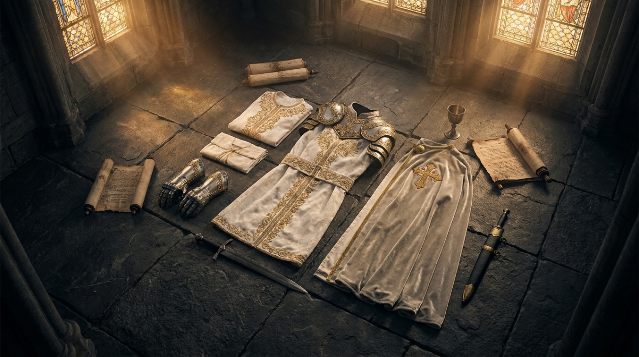Berserk Farnese themed white and gold knight apparel flat lay