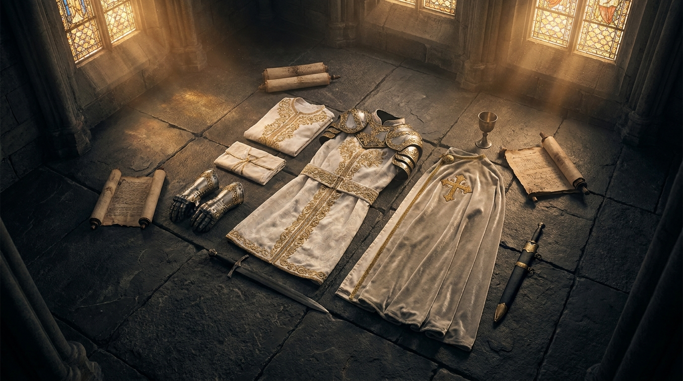 Berserk Farnese themed white and gold knight apparel flat lay