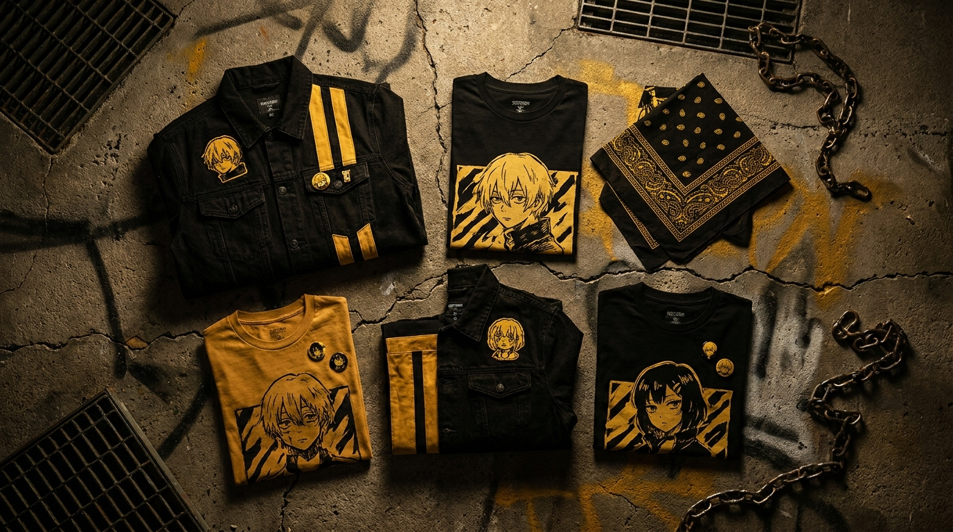GTO Eikichi Onizuka themed black and yellow biker teacher apparel flat lay