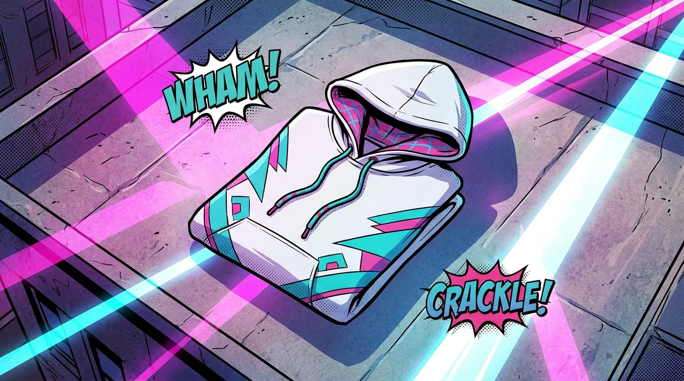 Spider-Gwen Ghost-Spider themed white pink and teal apparel flat lay